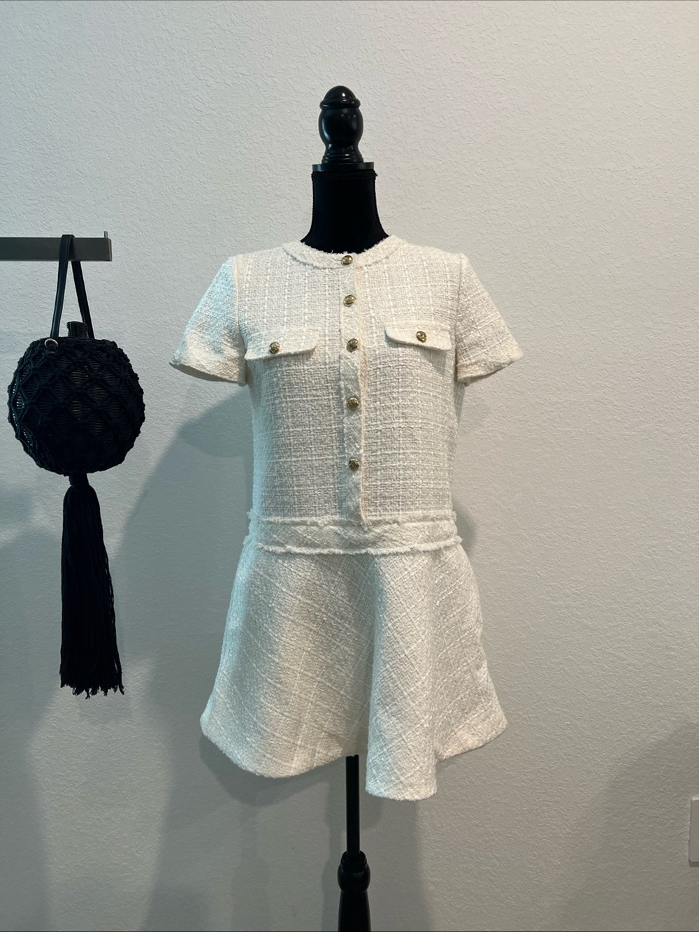 Zara White Tweed Short Sleeve Dress with Gold Buttons